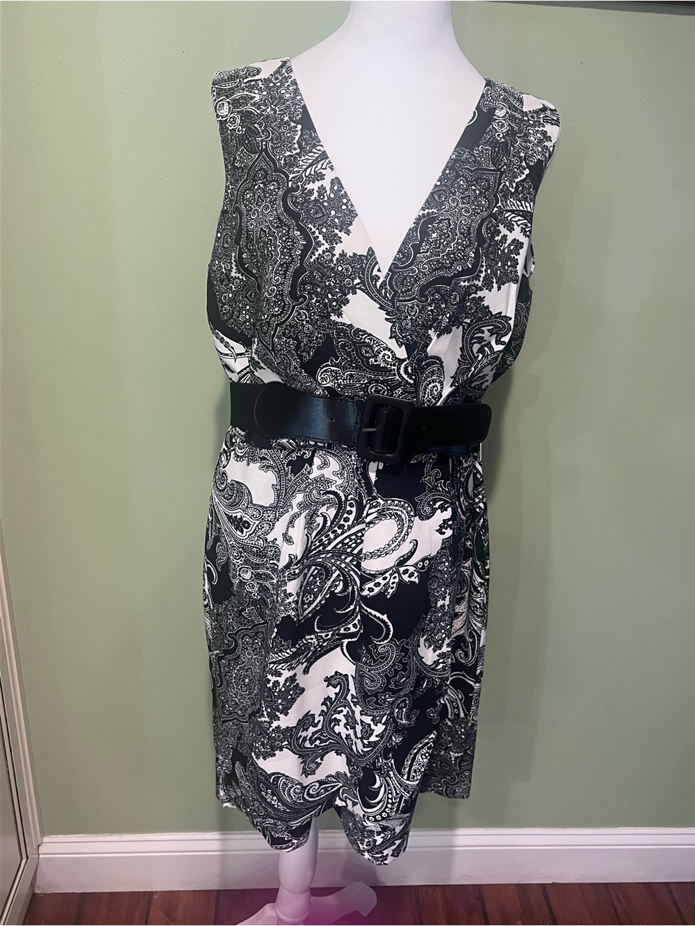 Emma & Michele Black and White Paisley Wrap-Style Midi Dress with Belt